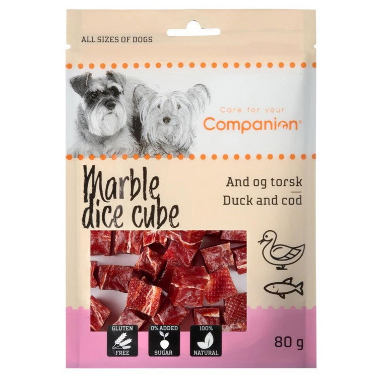 Marble dice cube hundesnacks med and og torsk