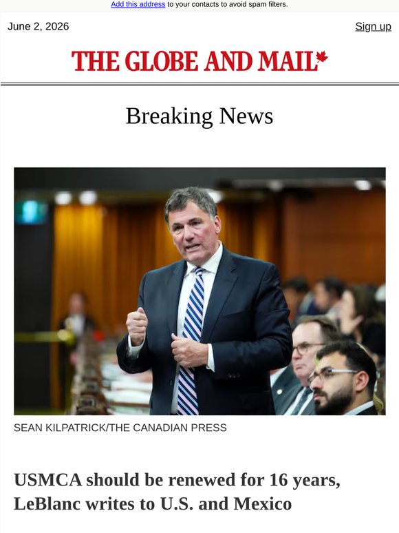 Breaking News: USMCA should be renewed for 16 years, LeBlanc writes to U.S. and Mexico