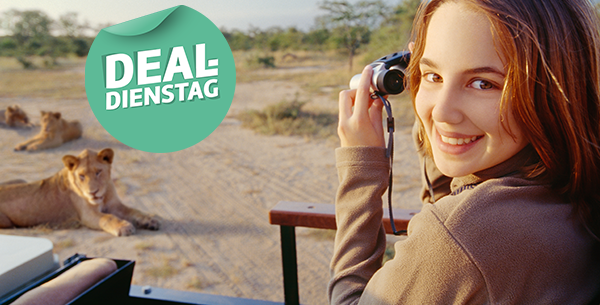Lächelnde Frau auf Safari mit Fernglas in der Hand und Löwen vor dem Jeep