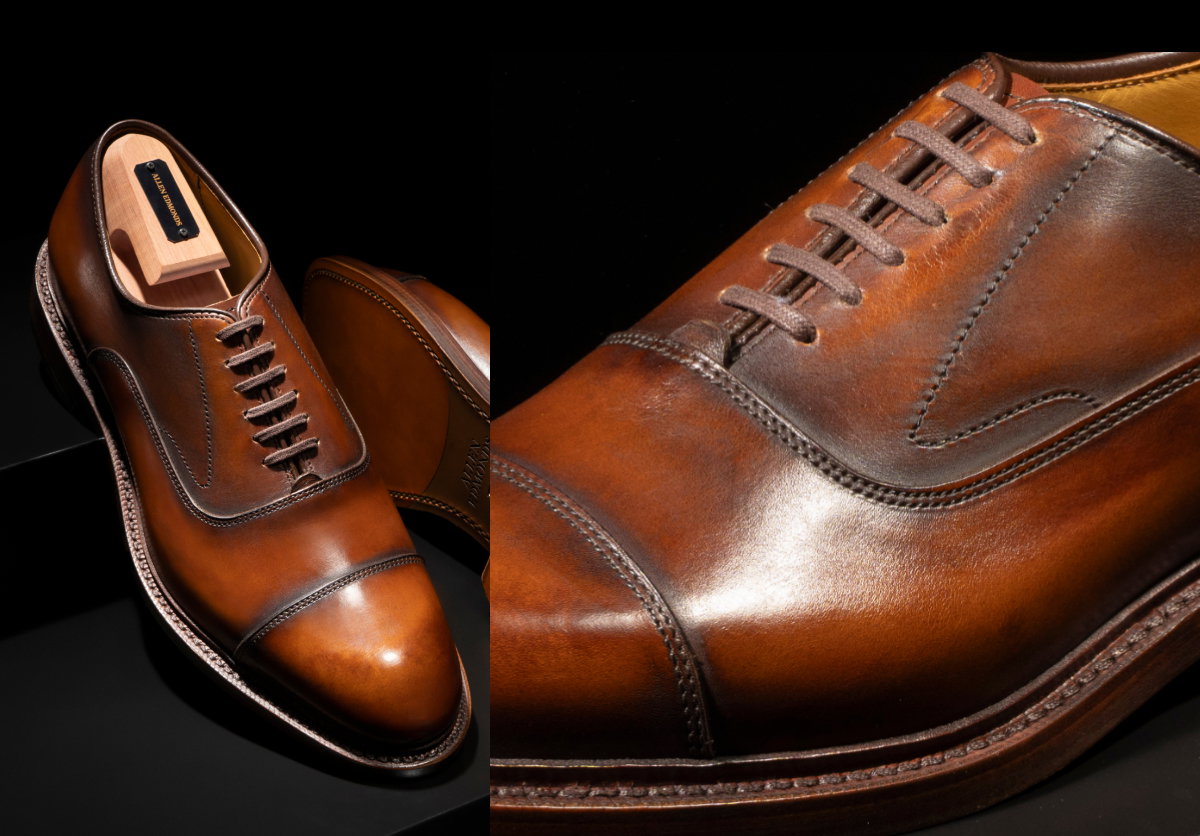 Close Up Photograph Of The Cap-toe Stitching On The Manhattan Reserve Oxford In Coffee Leather.