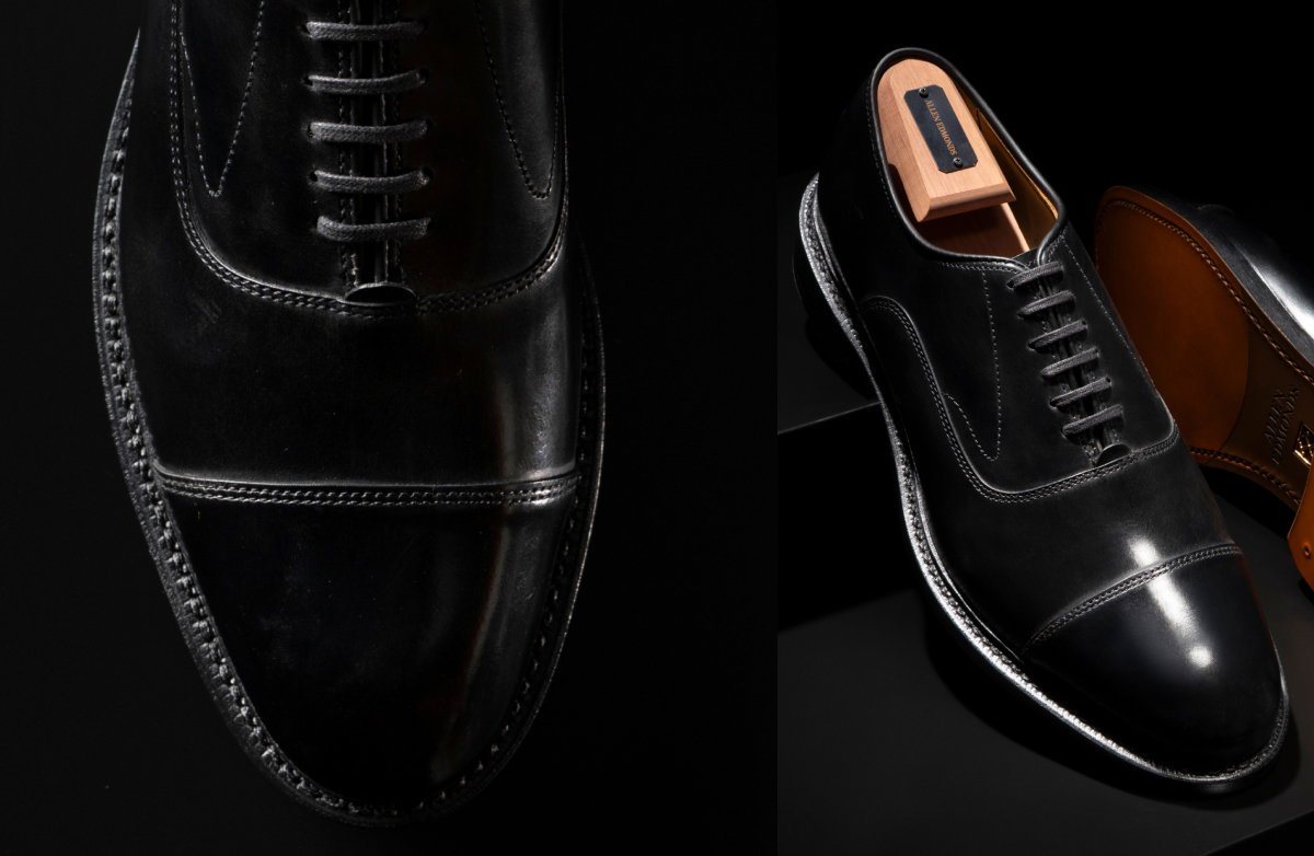Close Up Photograph Of The Cap-toe Stitching On The Manhattan Reserve Oxford In Black Leather.