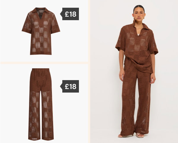 Brown square crochet popover shirt £18 and trousers £18.