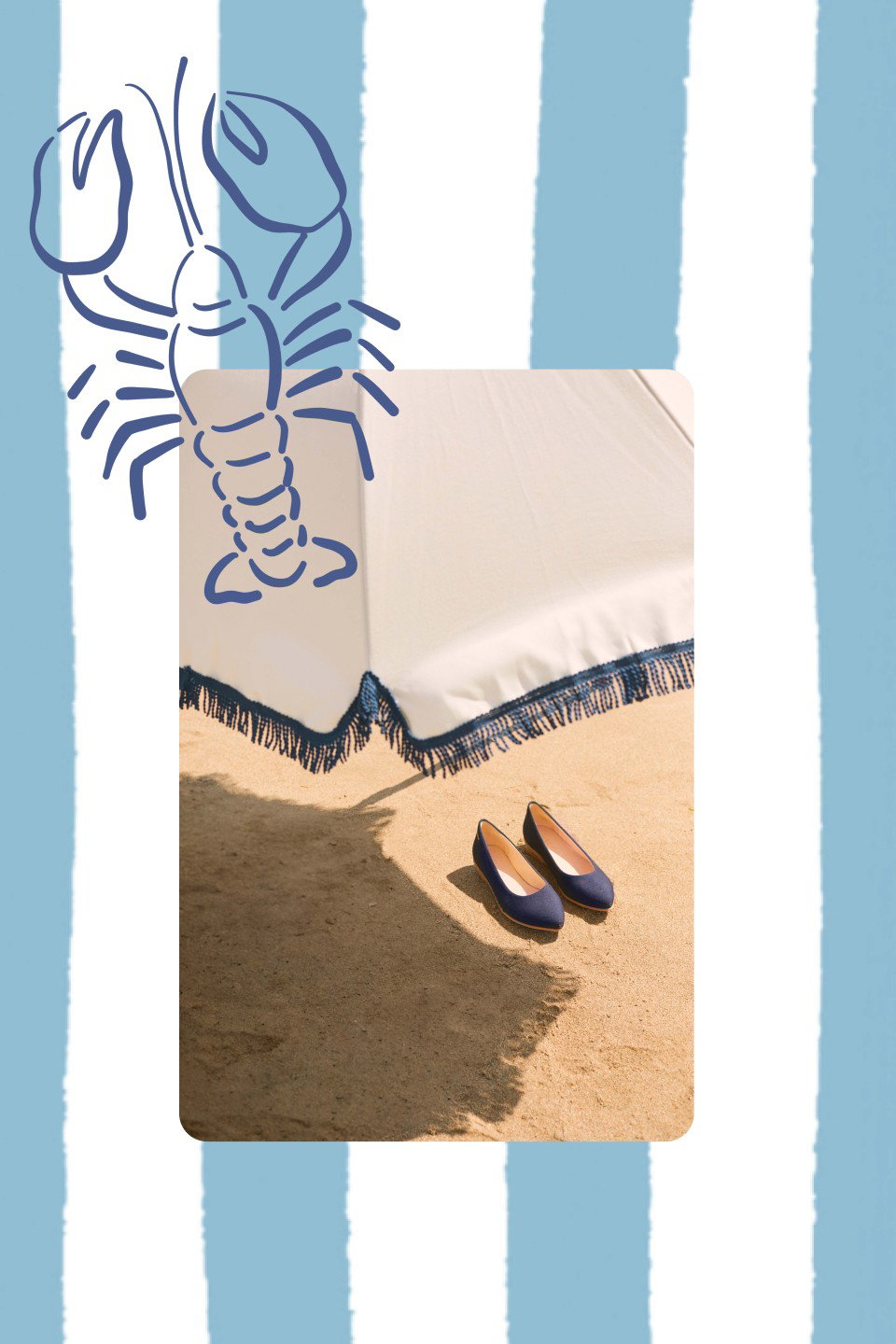 Navy Viscata flats placed on warm sand beneath a cream beach umbrella with blue fringe, framed by blue-and-white stripes and a playful lobster illustration.