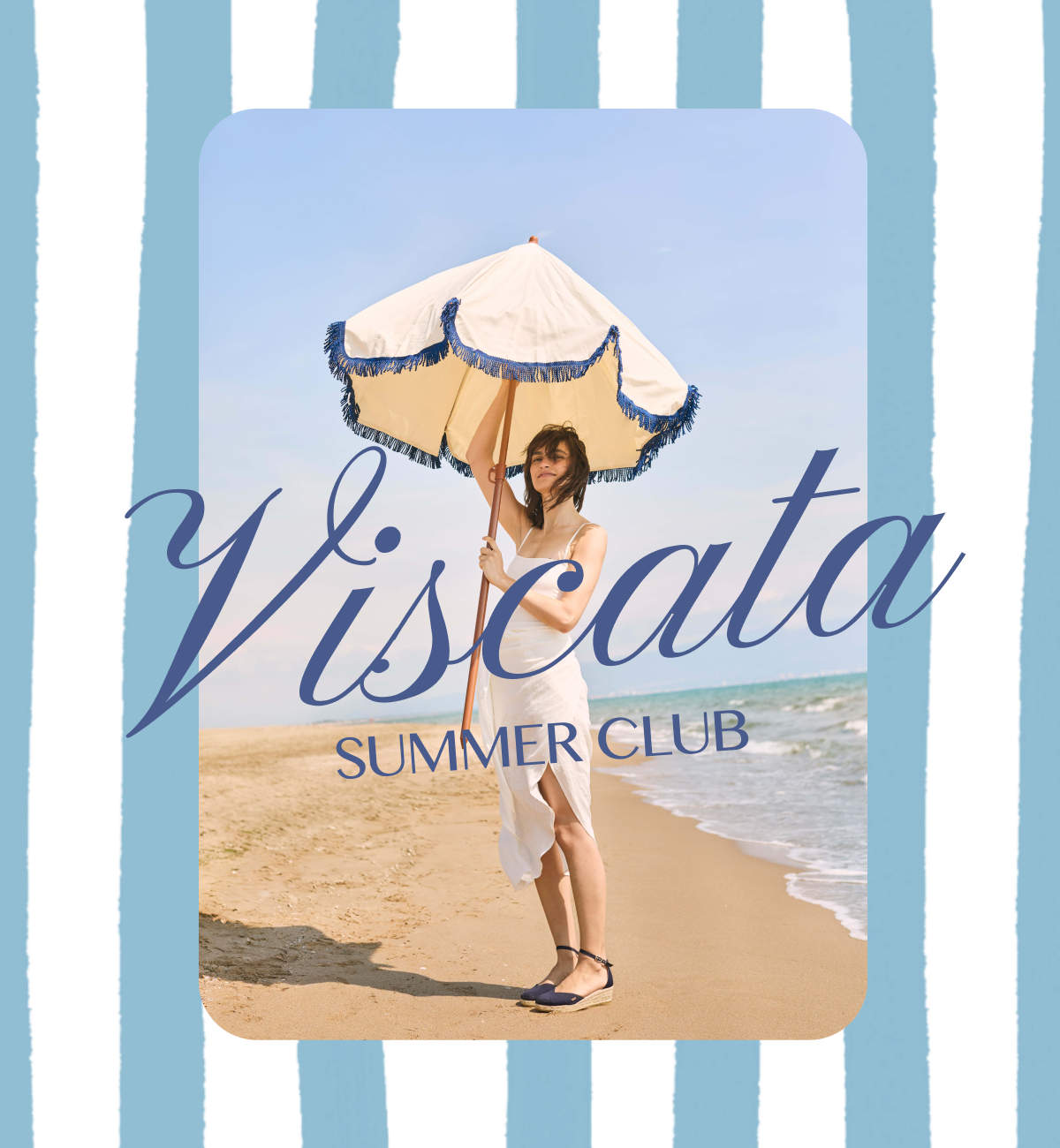 Woman walking on a sandy beach under a cream parasol, wearing navy Viscata espadrilles, with “Viscata Summer Club” text over a blue striped summer-inspired design.
