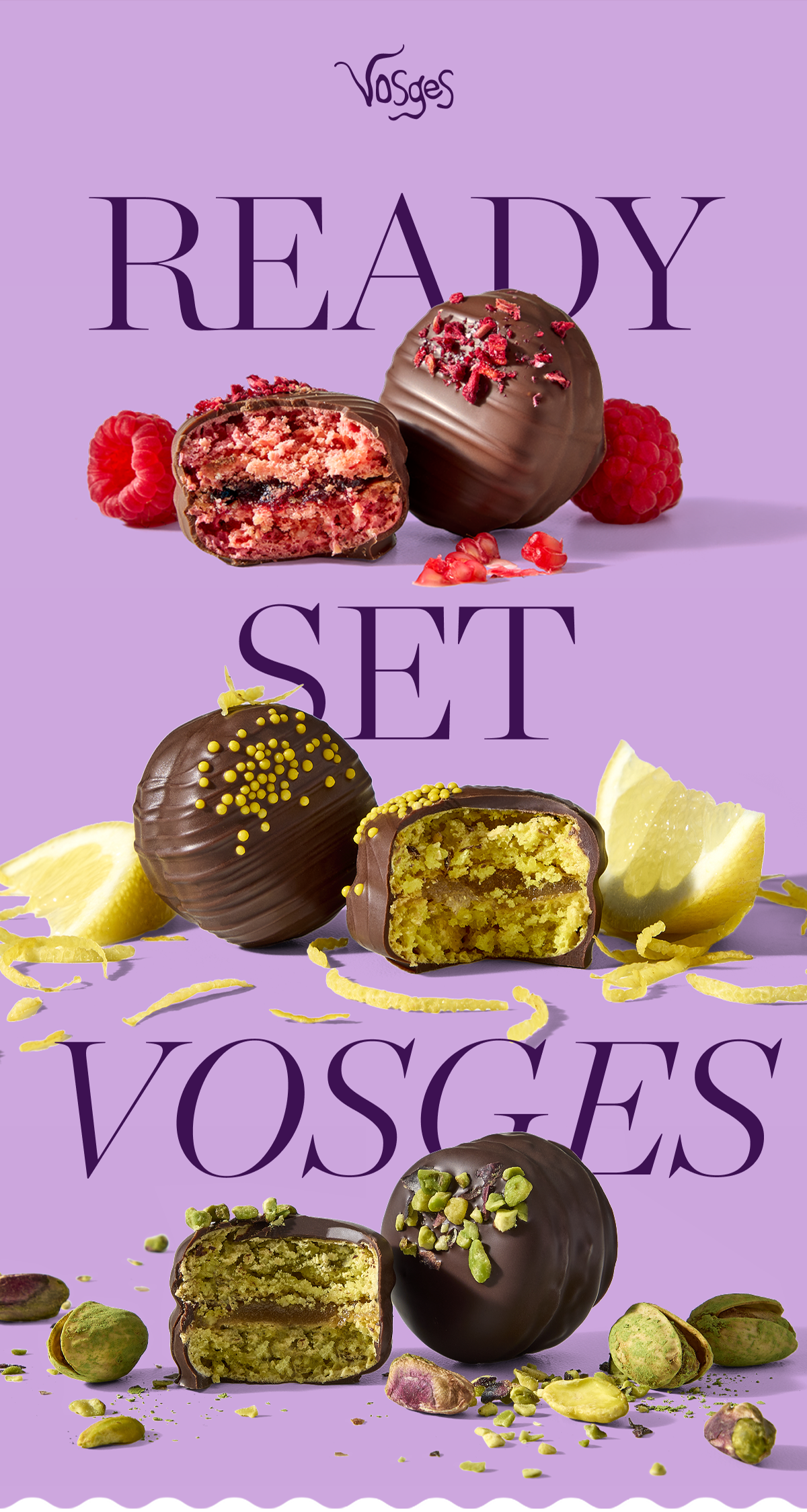 Vosges: "Ready, Set, VOSGES" set amidst framboise, citron, and pistache macarons.
