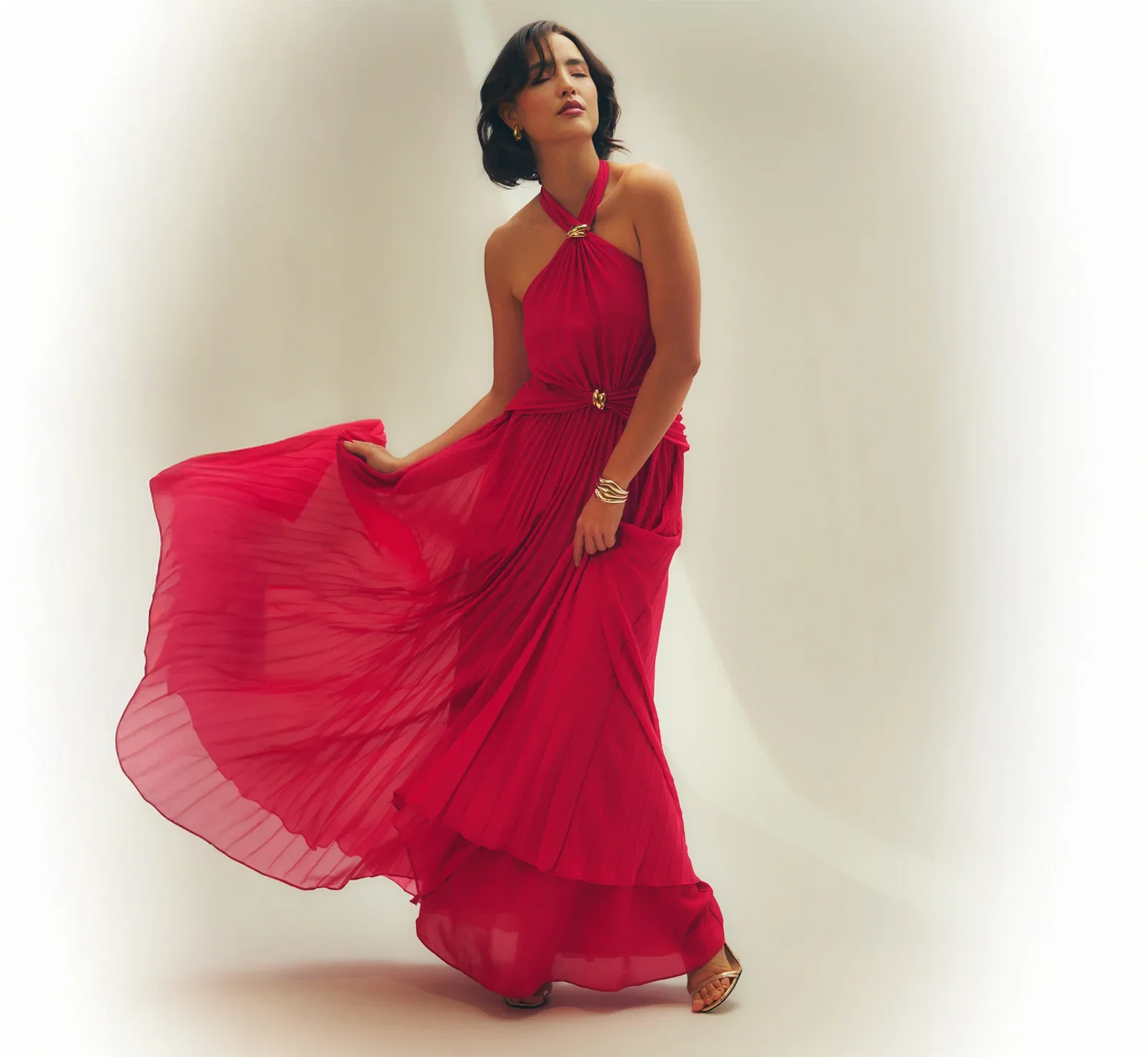 Image of Pleated Chiffon Hardware Halter Gown In Pink Cherry