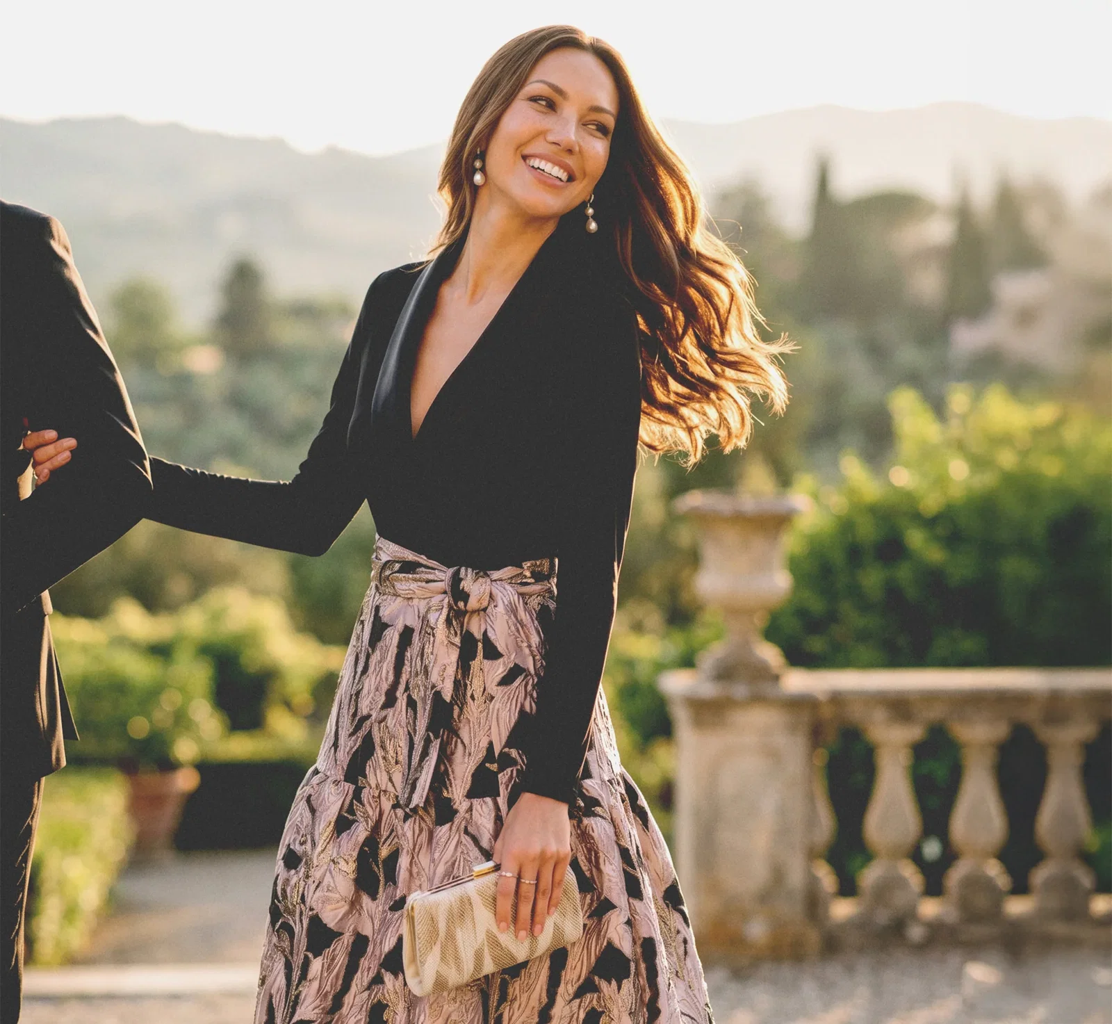 Image of Long Sleeve Combo Tuxedo Ankle Length Gown In Black Blush