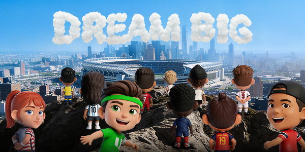 Diverse cartoon children overlooking a large city stadium and skyline, "DREAM BIG" spelled in cloud letters above