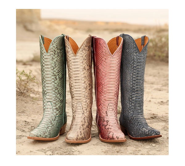 A row of the Tony Lama Sadie boot in various colors in the desert.
