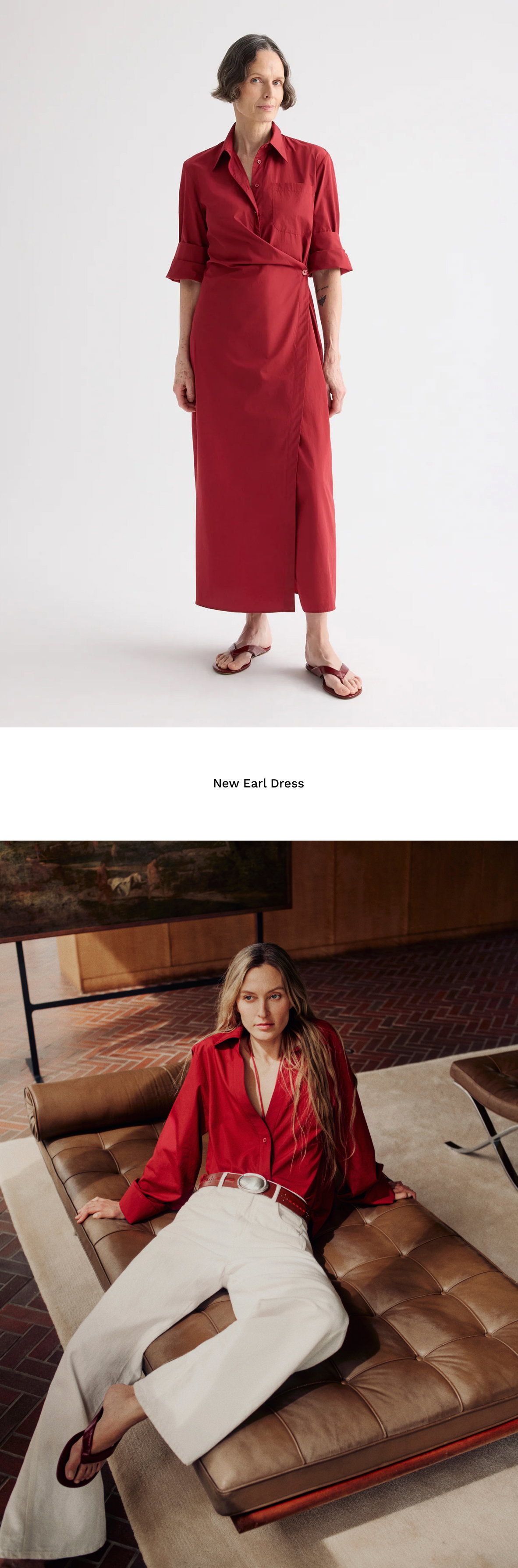 Image of a model in a red dress followed by black text and an image of a model in a red shirt and white jeans.