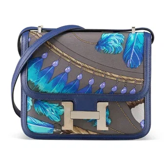 A Limited Edition Bleu Saphir Swift Leather & Brazil Print Silk Mini Constance With Palladium Hardware