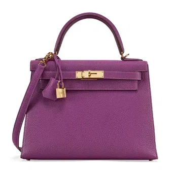 A Custom Anémone & Bleu Électrique Togo Leather Sellier MOU Kelly 28 With Gold Hardware