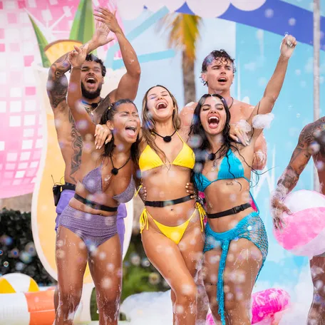 Bryan Arenales, Amaya Espinal, Iris Kendall, Huda Mustafa, Nicolas “Nic” Vansteenberghe and Ace Green on Season 7 of "Love Island USA"