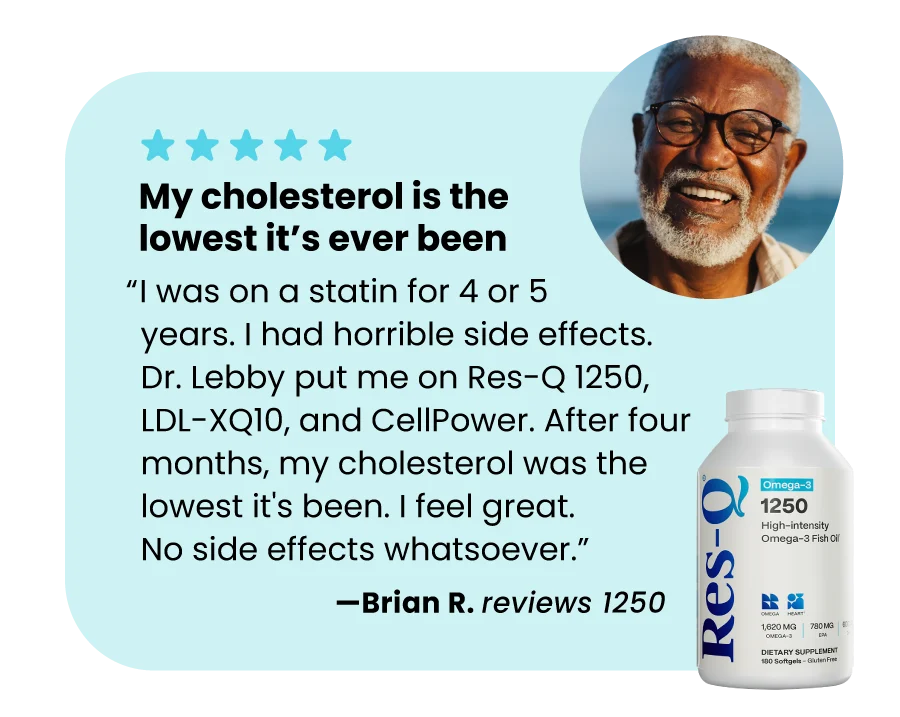 “I was on a statin for 4 or 5 years. I had horrible side effects. Dr. Lebby put me on Res-Q 1250, LDL-XQ10, and CellPower. After four months, my cholesterol was the lowest it's been. I feel great. No side effects whatsoever.” —Brian R. reviews 1250