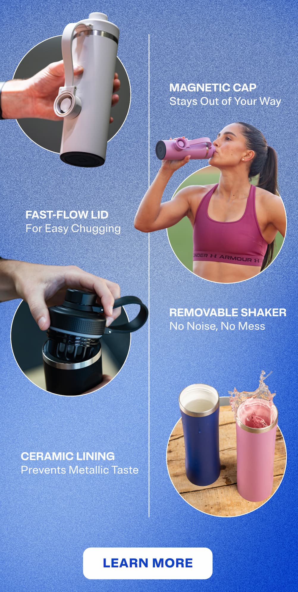 Magnetic cap, fast-flow lid, removable shaker, ceramic lining