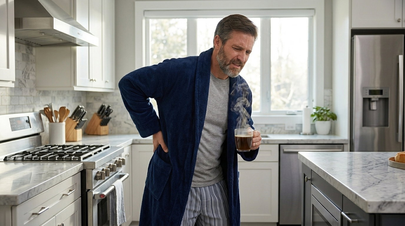 A man in a kitchen holding his sore back with a cup of coffee in the other