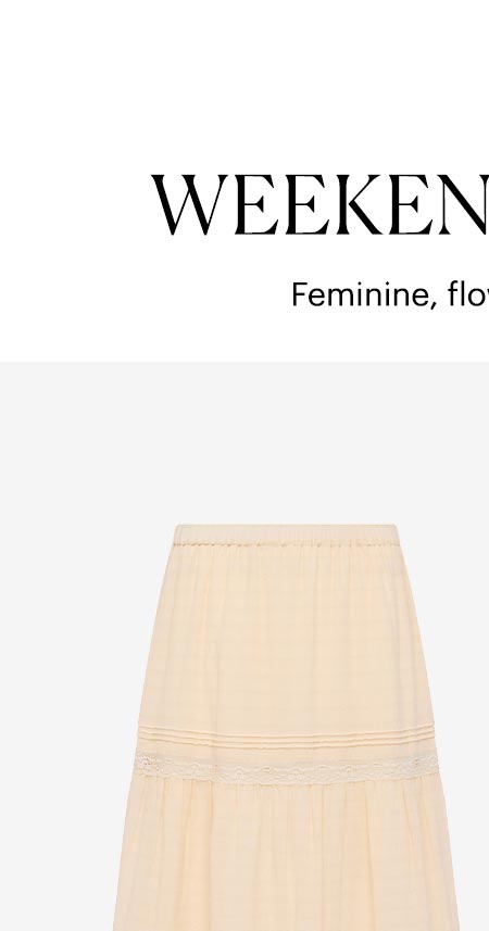 Weekend Ready - Feminine, flowy, effortless. Featuring the Andres Skirt in Light Peach.
