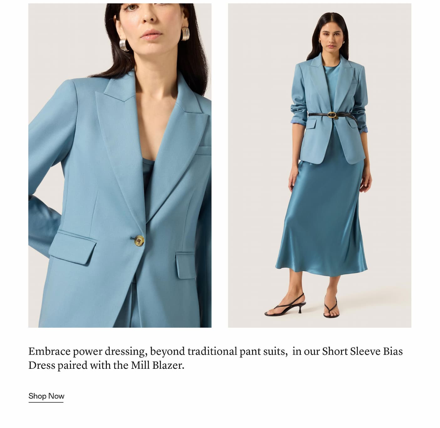 Embrace power dressing, beyond traditional pant suits,  in our Short Sleeve Bias Dress paired with the Mill Blazer.