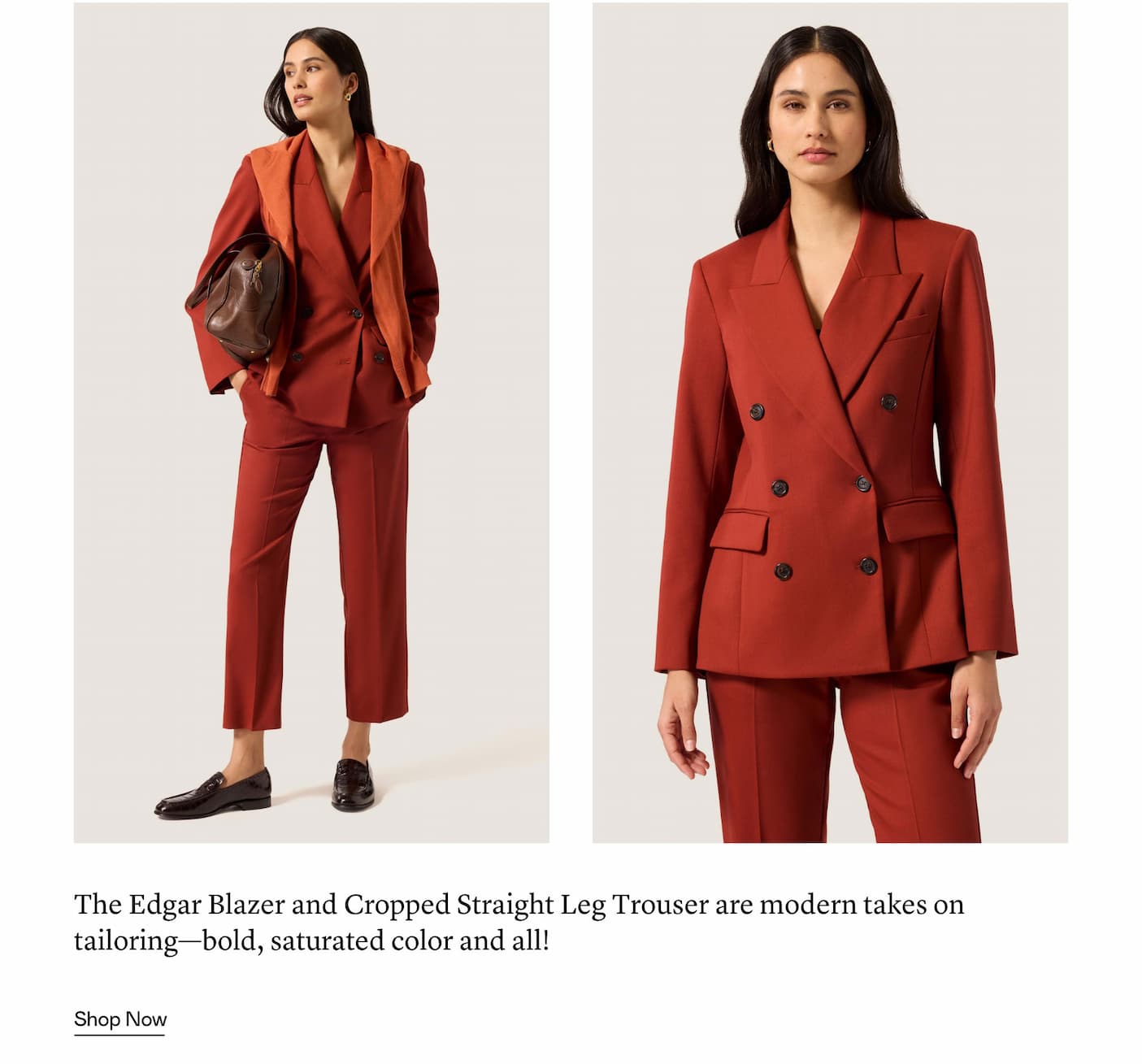 The Edgar Blazer and Cropped Straight Leg Trouser are modern takes on tailoring—bold, saturated color and all!