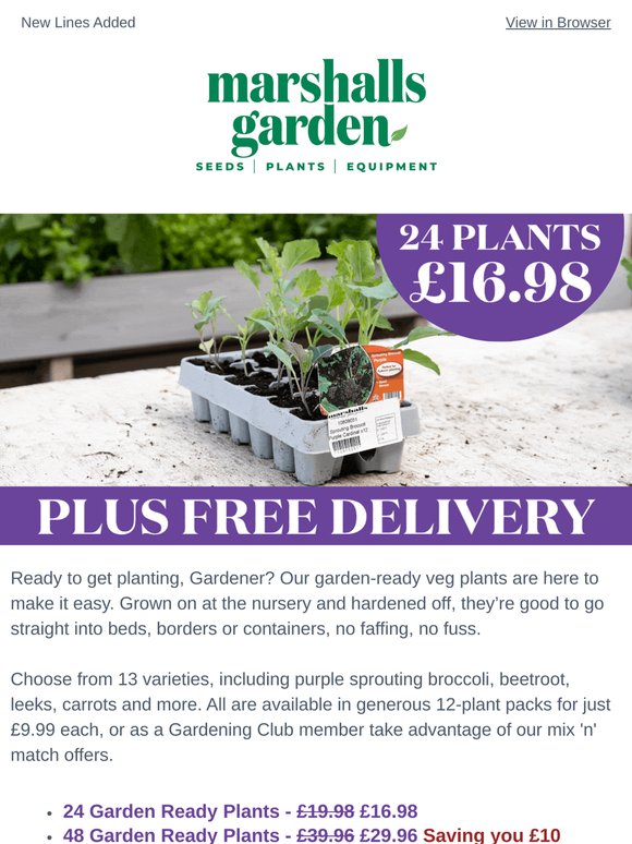 Garden Ready Veg: 24 for £16.98 or 48 for £29.96