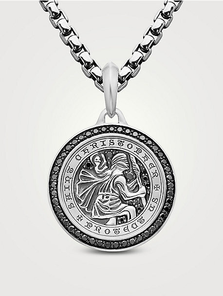St. Christopher Amulet In Sterling Silver With Black Diamonds, 34.5mm