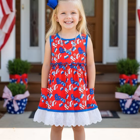 4th july girls dress USA flag & hearts printed & sleeveless & pockets w/lace trim XCH03026 A9S3