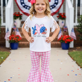 4th July PEACE LOVE AMERICA white top & pink plaid pant 2pc girls sets DLH2740 A9S6