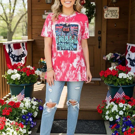 4th of July "USA SMALL TOWN" tie dye & short sleeves women tops XCH14473 (GS8)