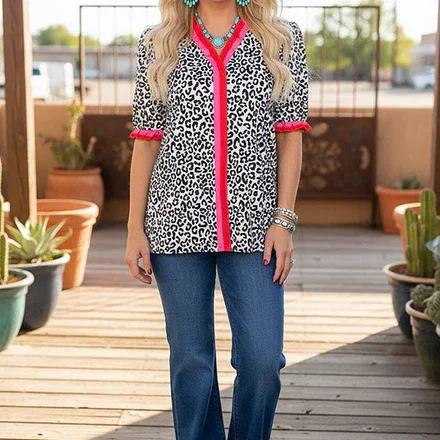 Restock -- Western Leopard print ruffle short sleeve women boutique top Southern Stitch XCH16847 (FS1)