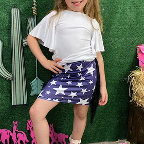 (A4S6) Children clothing suppliers White short sleeve blouse w/stars printed fringe skirt girls set DLH2345
