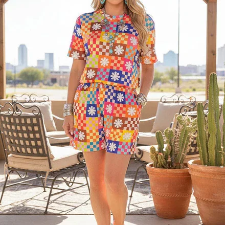 Western patchwork checkered top & shorts women's boutique set GJQ17239