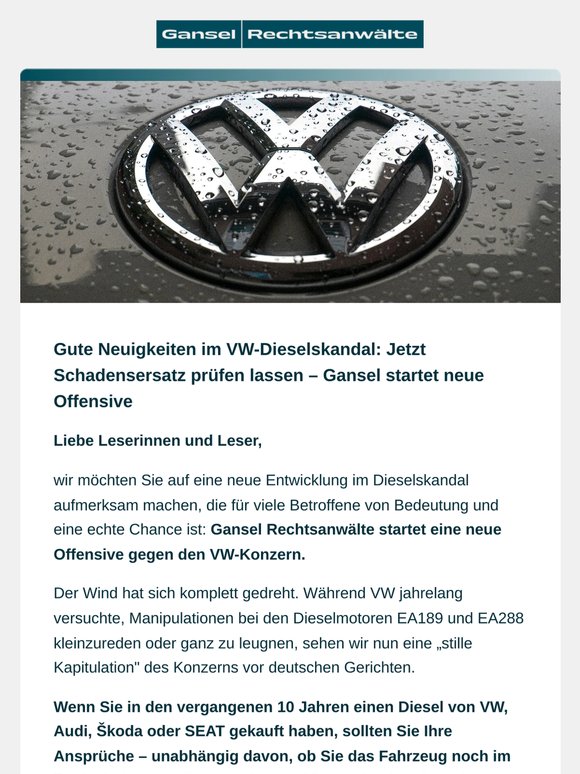 Neue Offensive gegen VW: Schadensersatz im Dieselskandal jetzt überprüfen