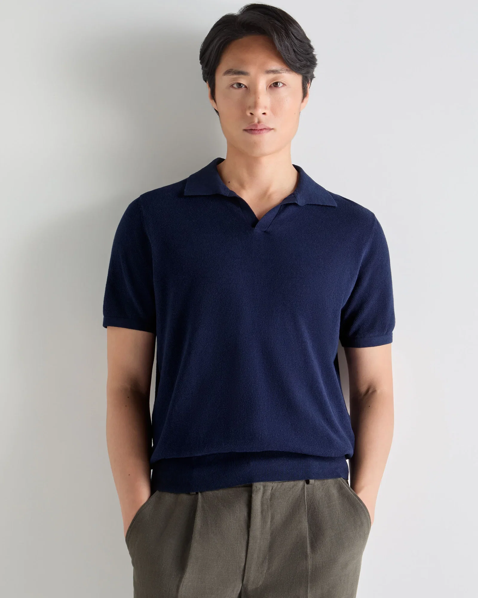Image of Men's Pique Linen Blend Polo Deep French Blue