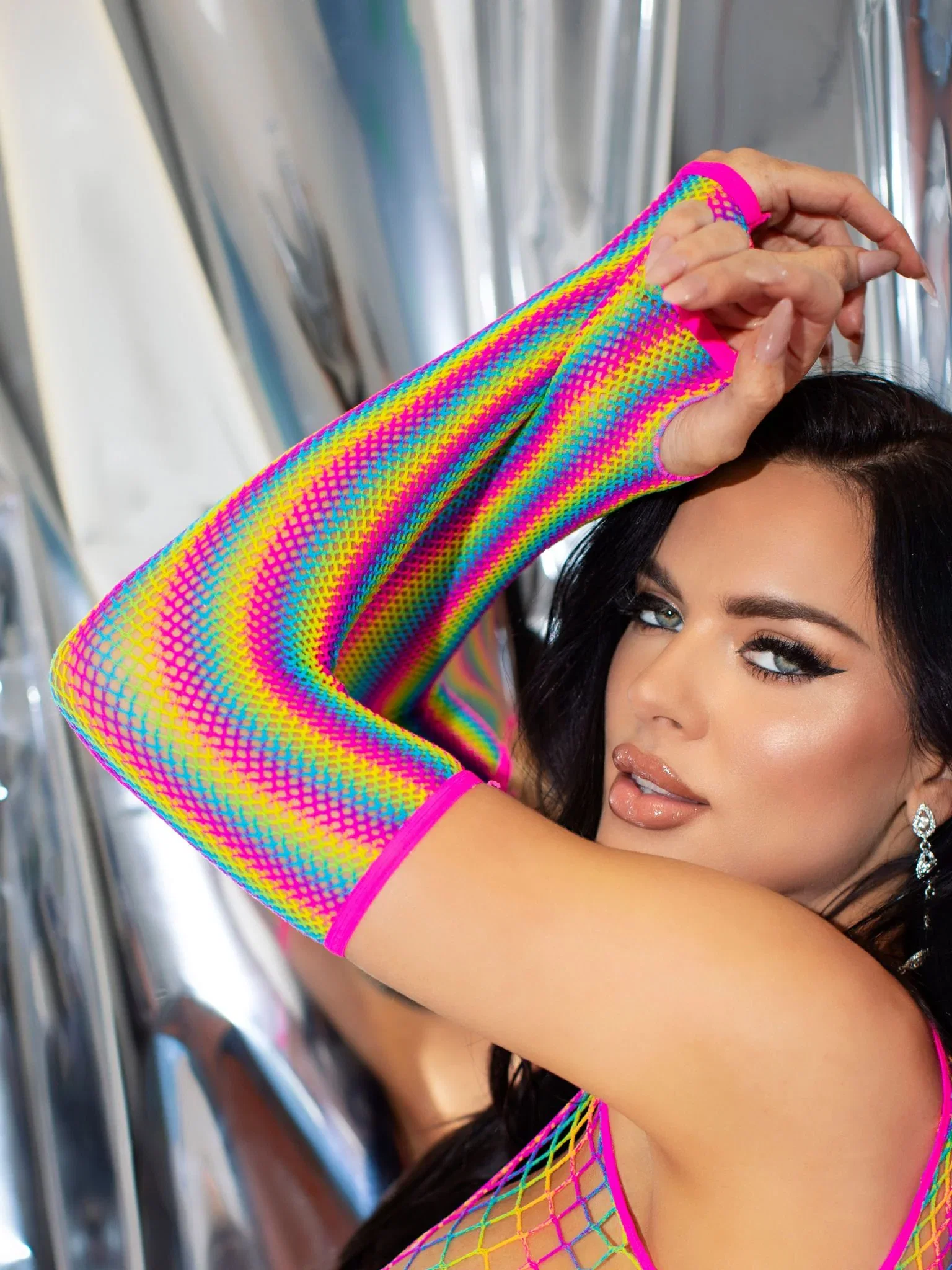 Image of Rainbow Net Fingerless Arm Warmer Gloves