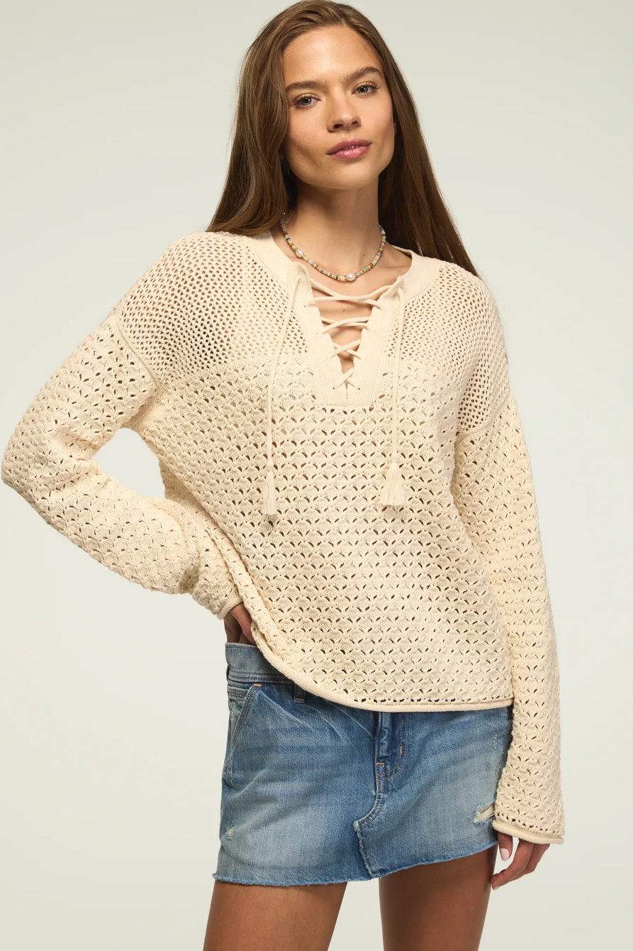 Image of Lucky Brand Lace Up Pullover Sweater - Women's Clothing Tops Sweaters Pullovers in Whitecap Gray