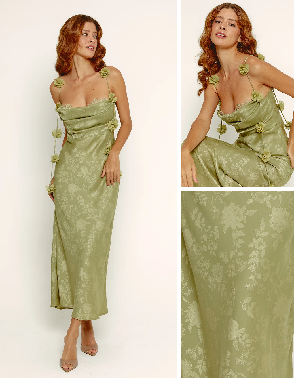 Olive Petal Strap Satin Jacquard Maxi Dress