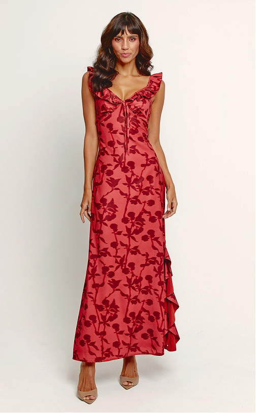 Red Ruffle Side Split Maxi Dress
