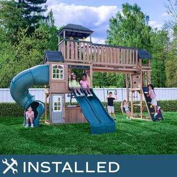 KidKraft Treetop Observatory Wooden Outdoor Swing Set, Professionally Installed