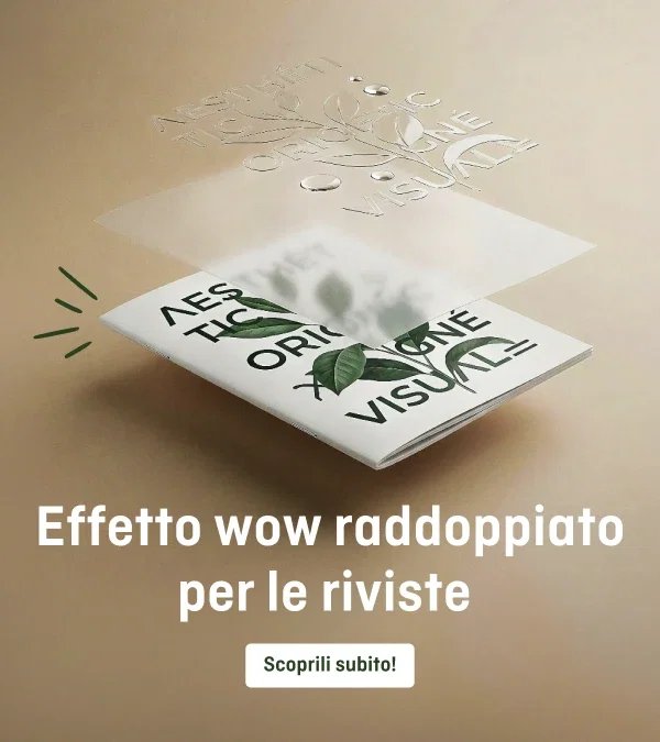 Rivista con foglie e testo 'AESTHETIC ORIGINAL VISUAL' con sovrapposizione trasparente in rilievo e gocce d'acqua
