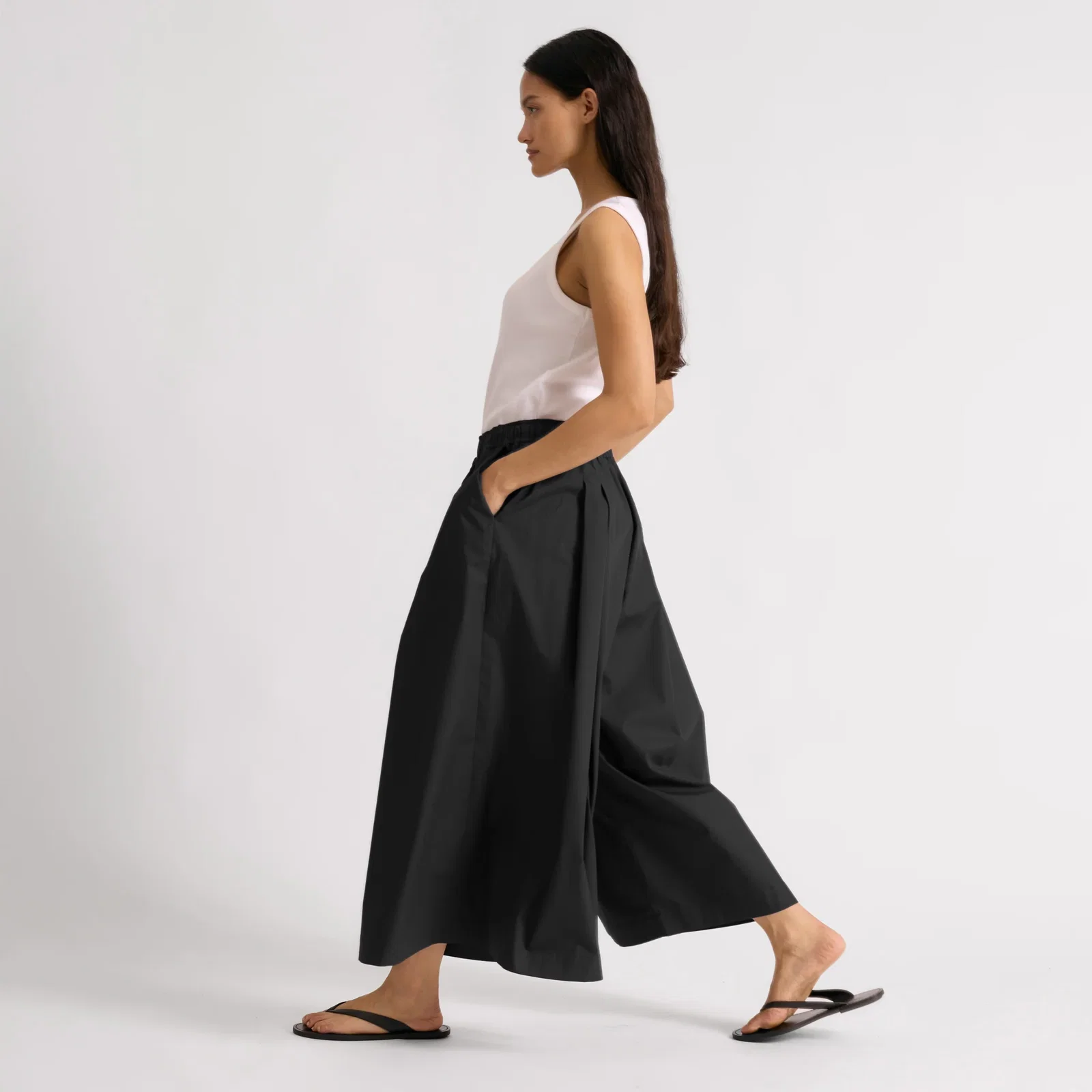 Image of Black Cotton Wide Culottes