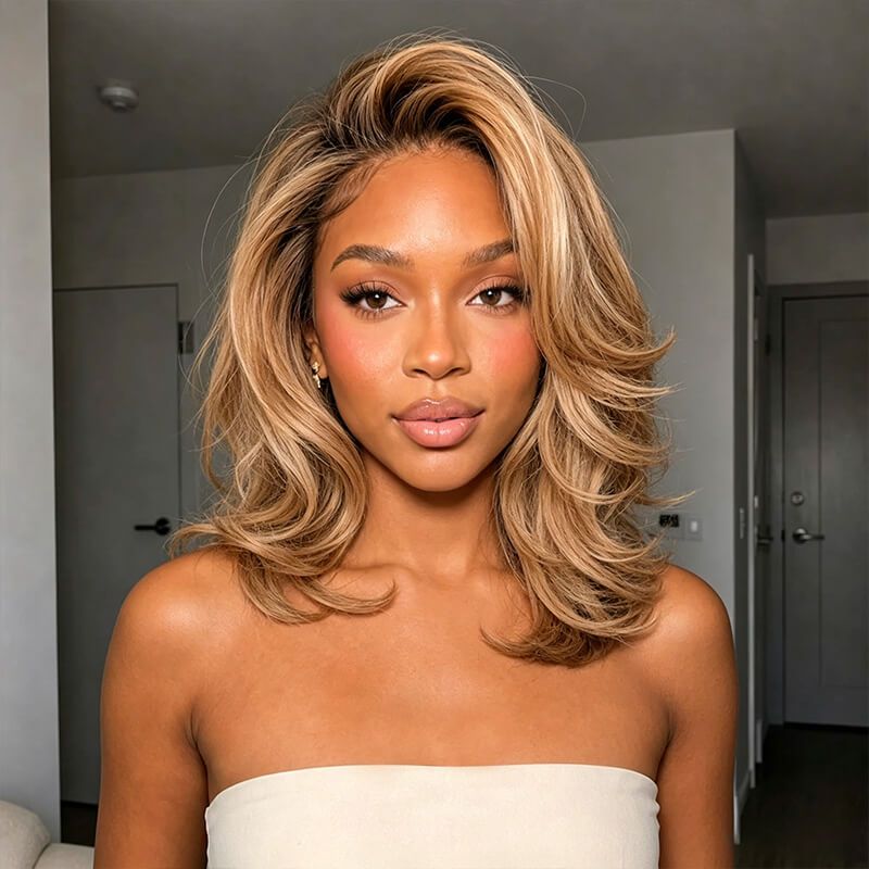 Glueless Ombre Blonde Layered Cut Wavy Wig Lace Front Human Hair Wigs