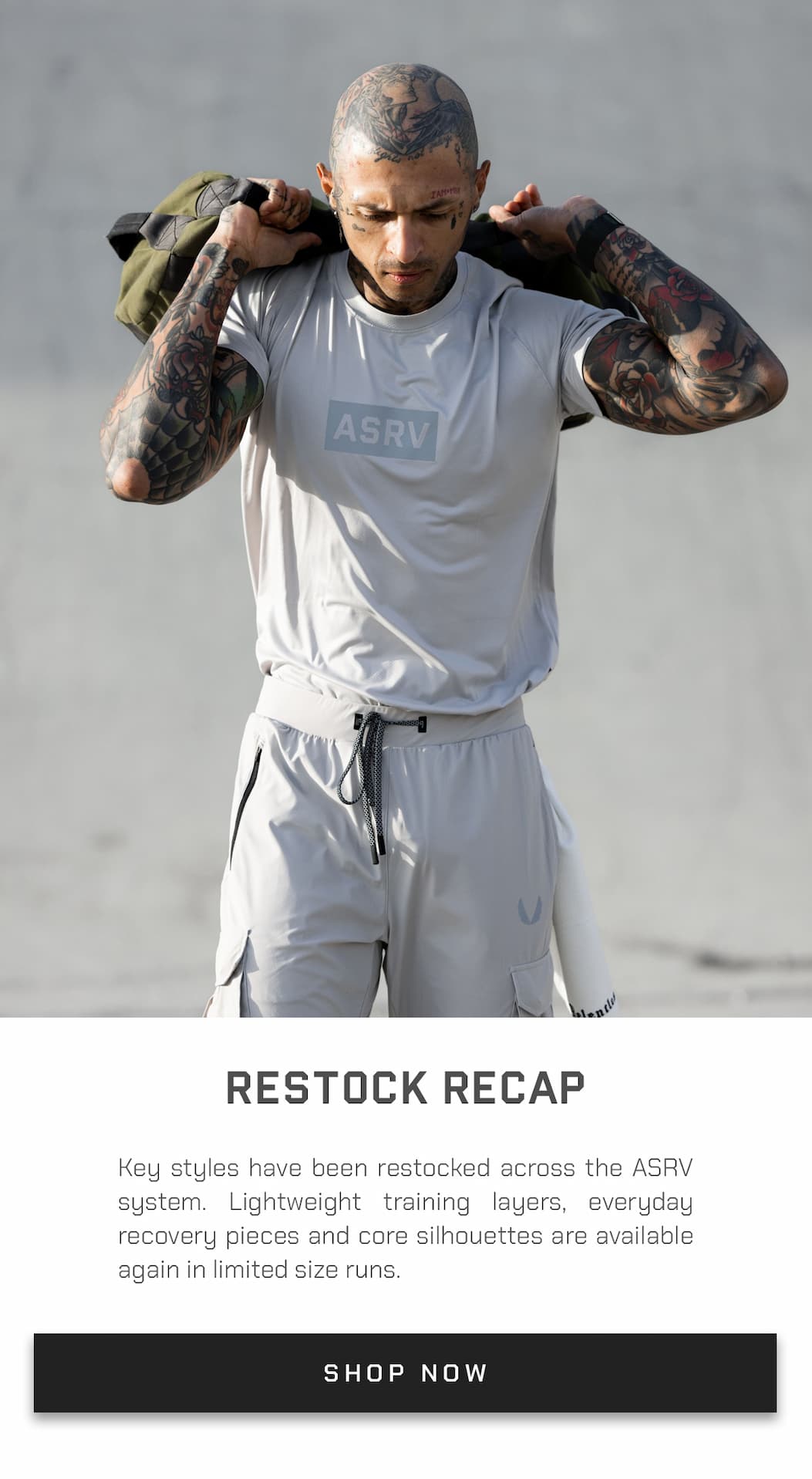 Key styles have been restocked across the ASRV system. Lightweight training layers, everyday recovery pieces and core silhouettes are available again in limited size runs.
