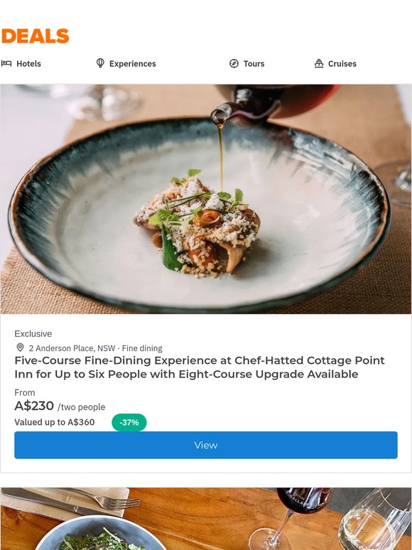Our Top Experiences: 5-Course Fine-Dining at Chef-Hatted Cottage Point Inn in New South Wales, T'Gallant Winery Lunch on the Mornington Peninsula, Whale-Watching Cruise from Main Beach & More