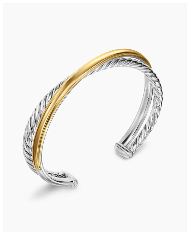 Crossover Two Row Cuff Bracelet Sterling Silver with 14K Yellow Gold, 10.7mm