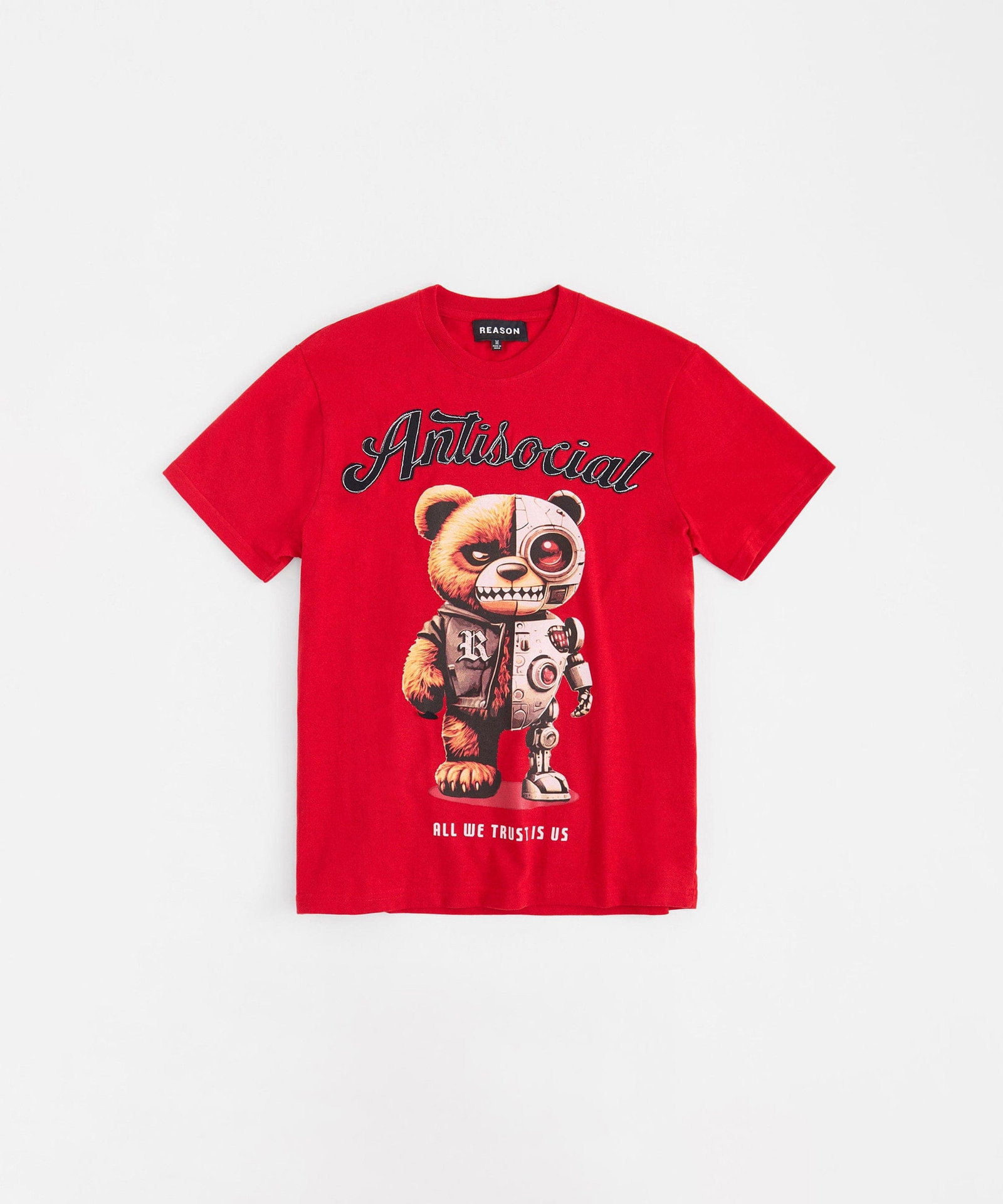 Antisocial Bear Chenille Patched Short Sleeve Tee - Red - RED / S