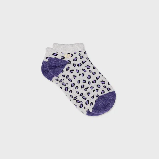 Socquettes pailletées en coton peigné léopard - Écru et violet