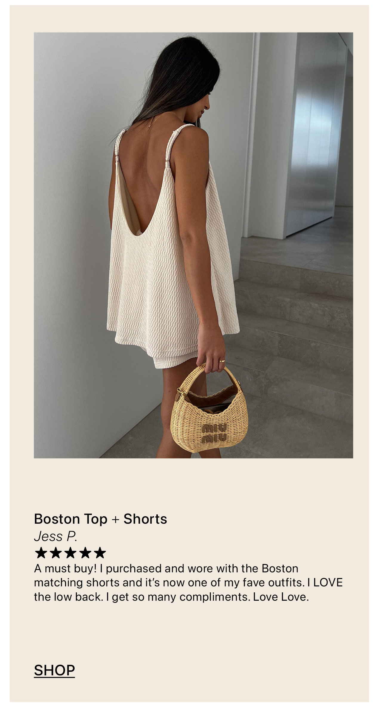 The Boston Top & Short Set is restocking soon.