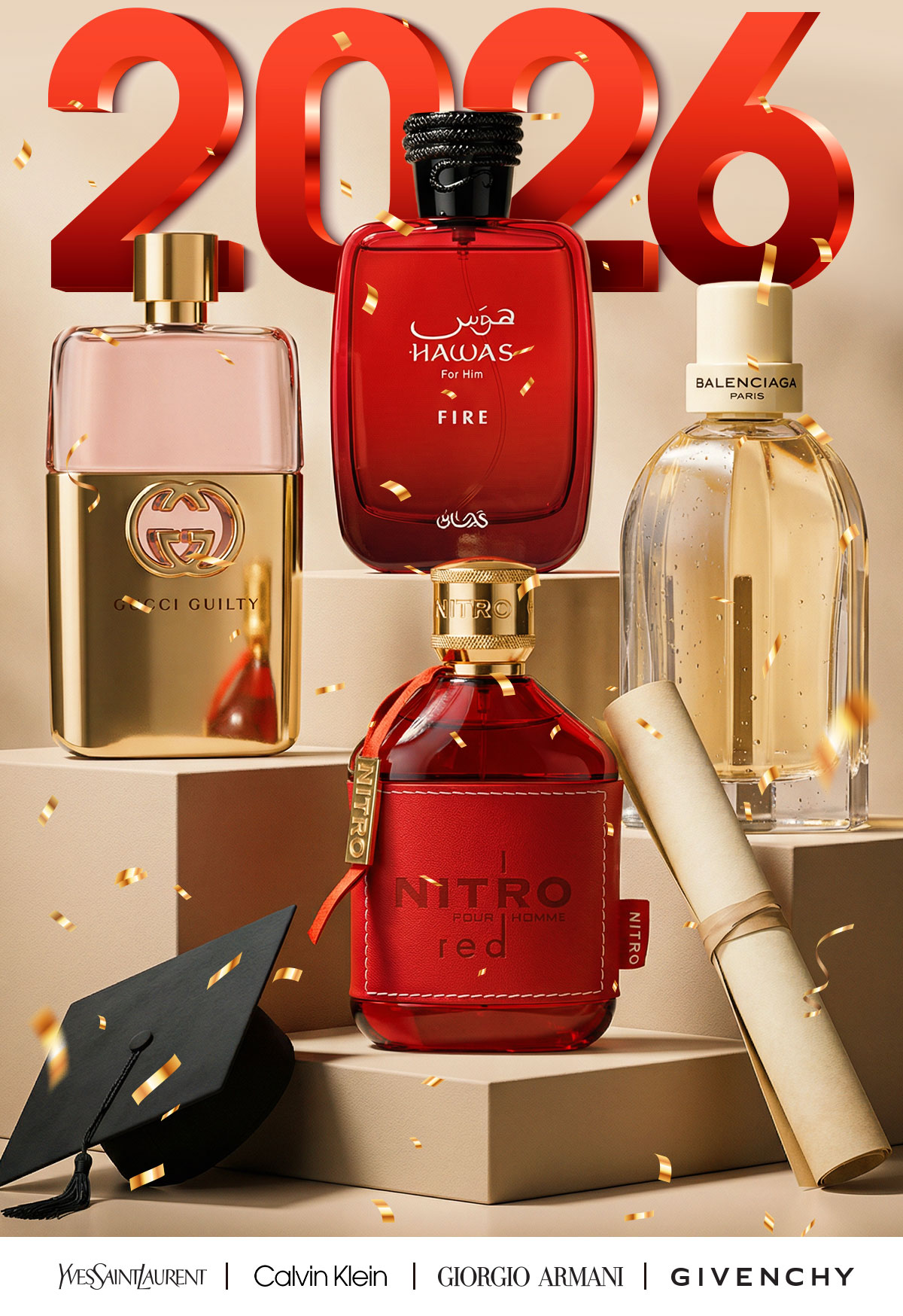 Best selling fragrance bottles sit on display with graduation elements