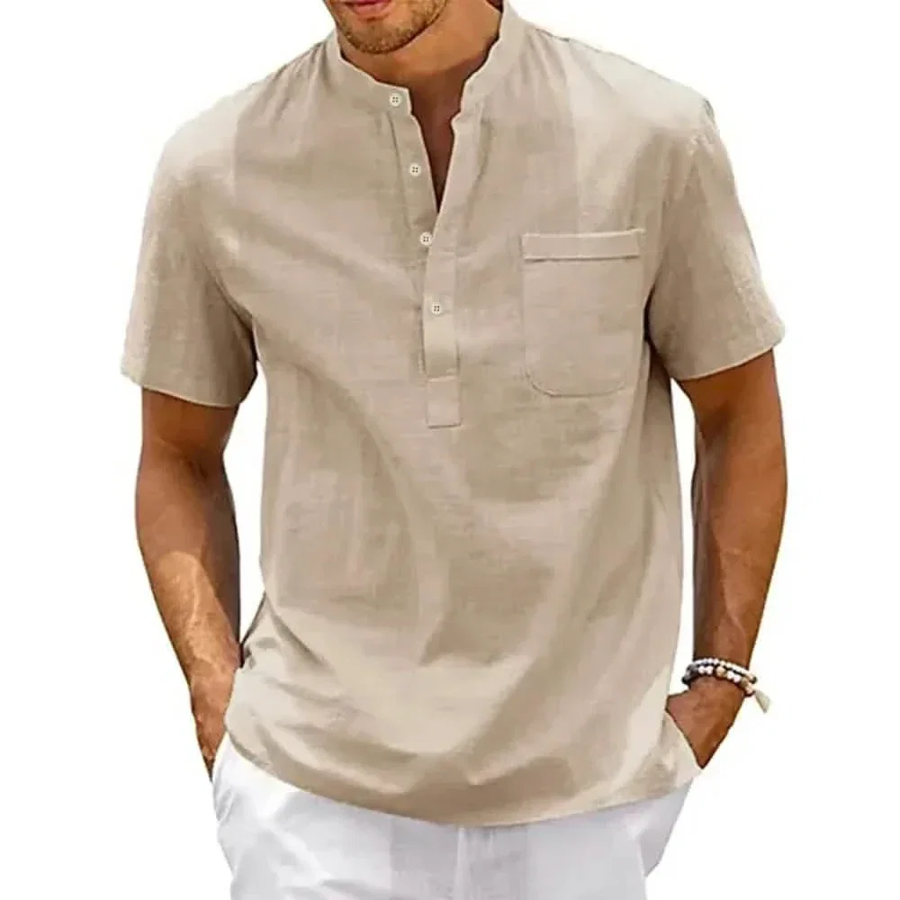 Image of Men's Cotton-Linen Henley Short Sleeve Tee – Breathable Lightweight Casual Top