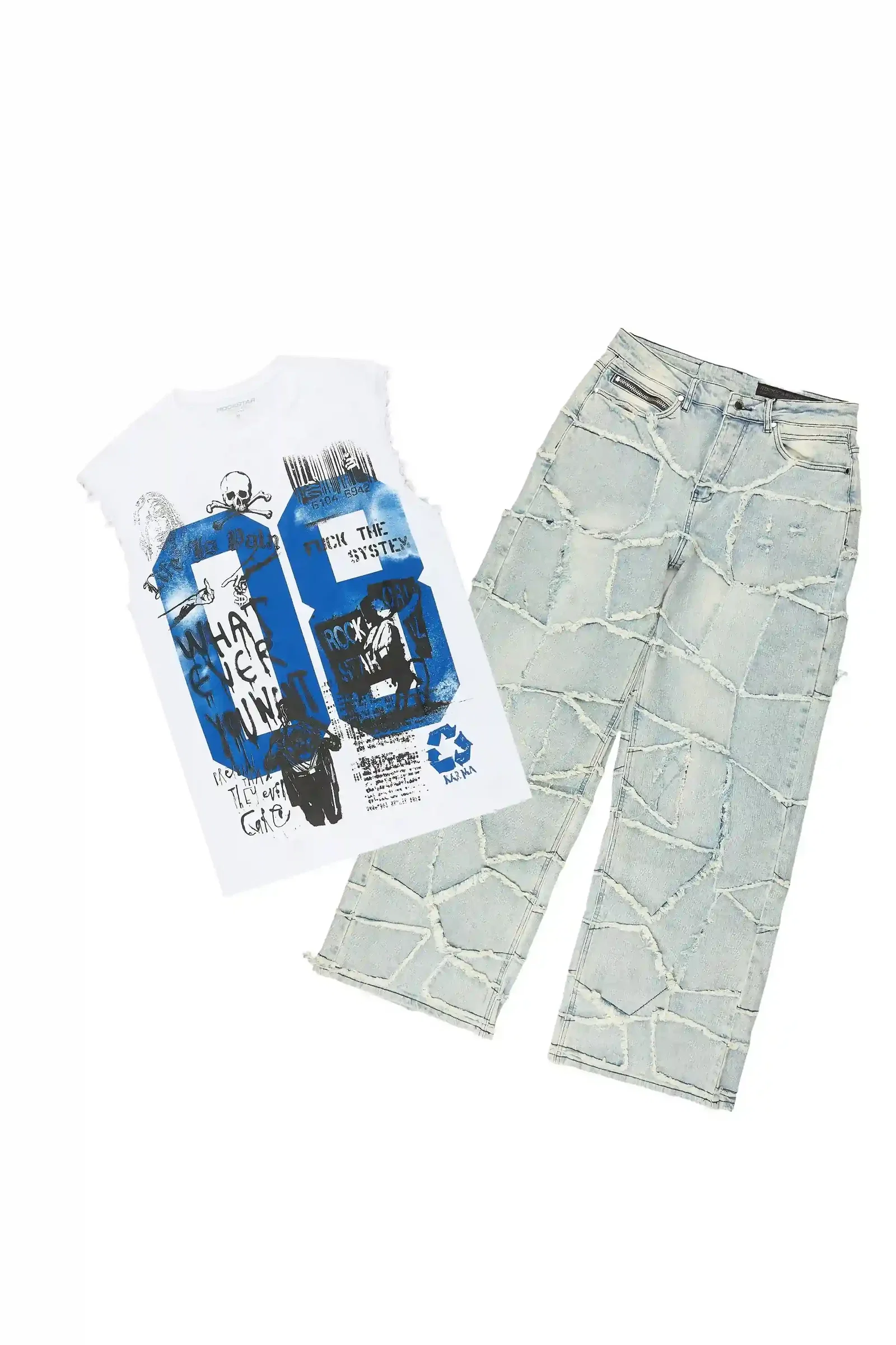 Image of Grill 3.0 White/Blue Oversized Graphic T-Shirt & Jacomus Baggy Fit Jean Set